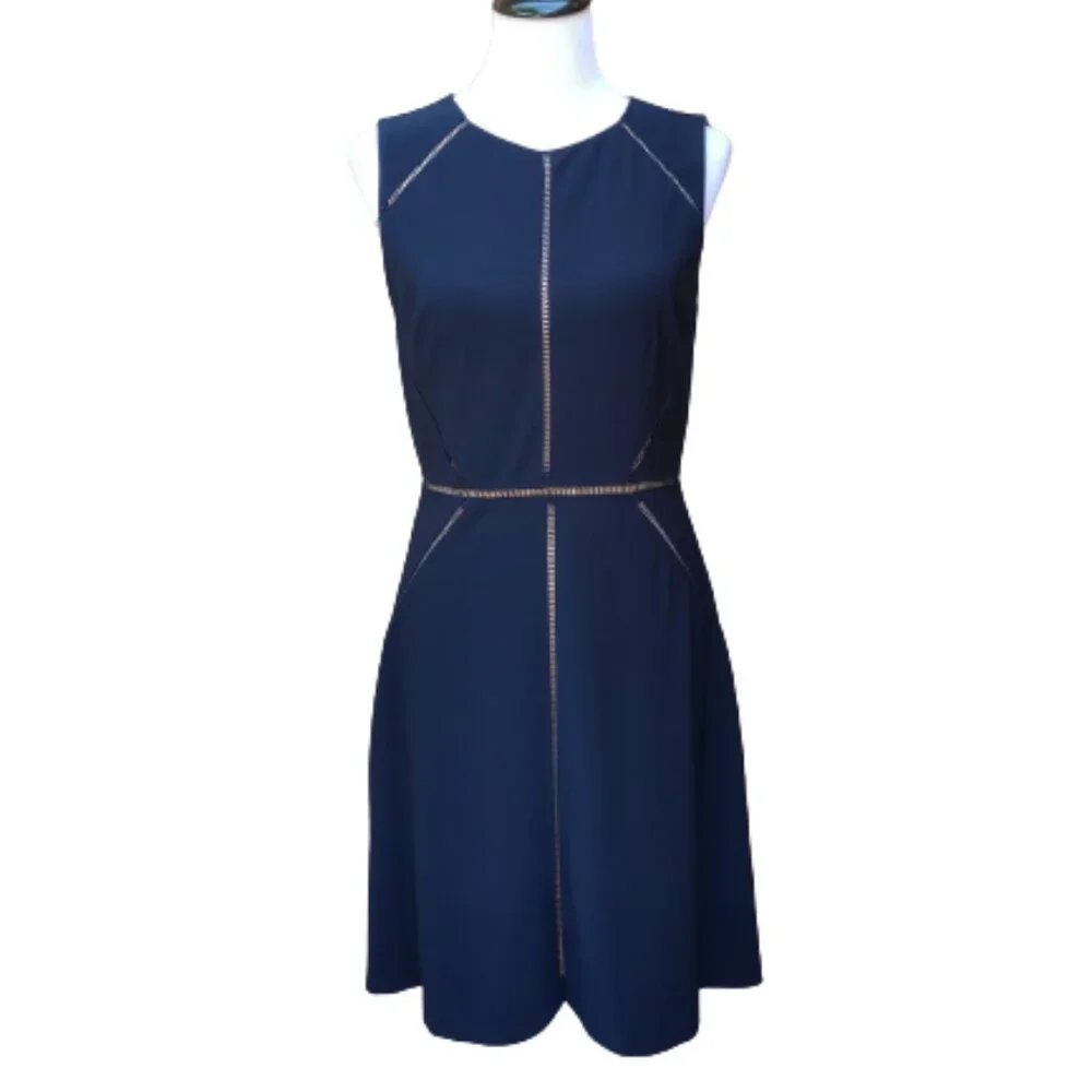 Alex Marie A-Line Dress Dark Blue Navy Ladder Trim Accents Sleeveless Classic